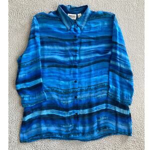 Chicos Design Button Shirt Large 2 Silk Stripe Sheer Long Sleeve Blue Black Boho